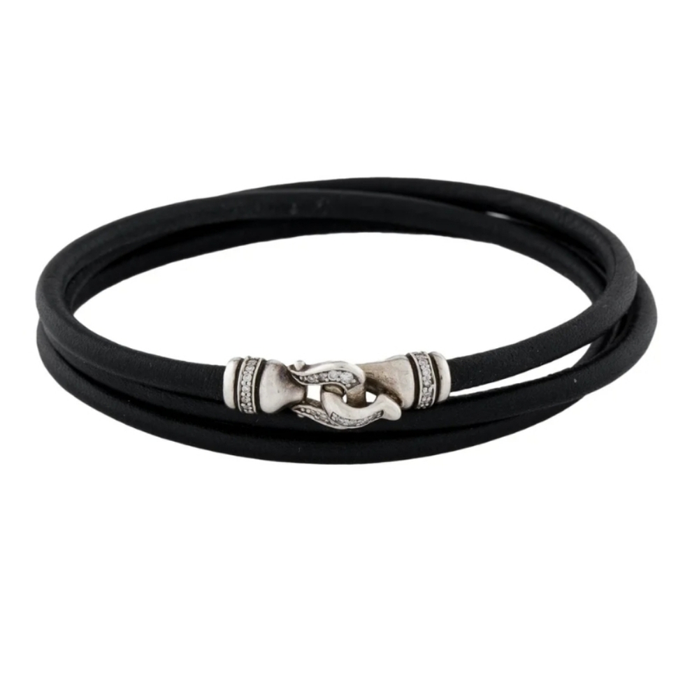 David Yurman | Leather Buckle Wrap Bracelet with Sterling Silver Diamond Clasp